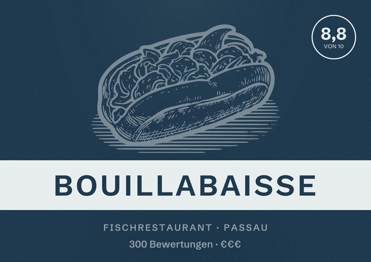 Illustriertes Poster von Bouillabaisse, Fischrestaurant in Passau: Bewertung 8,8 von 10 aus 300 Bewertungen, Preisniveau €€€