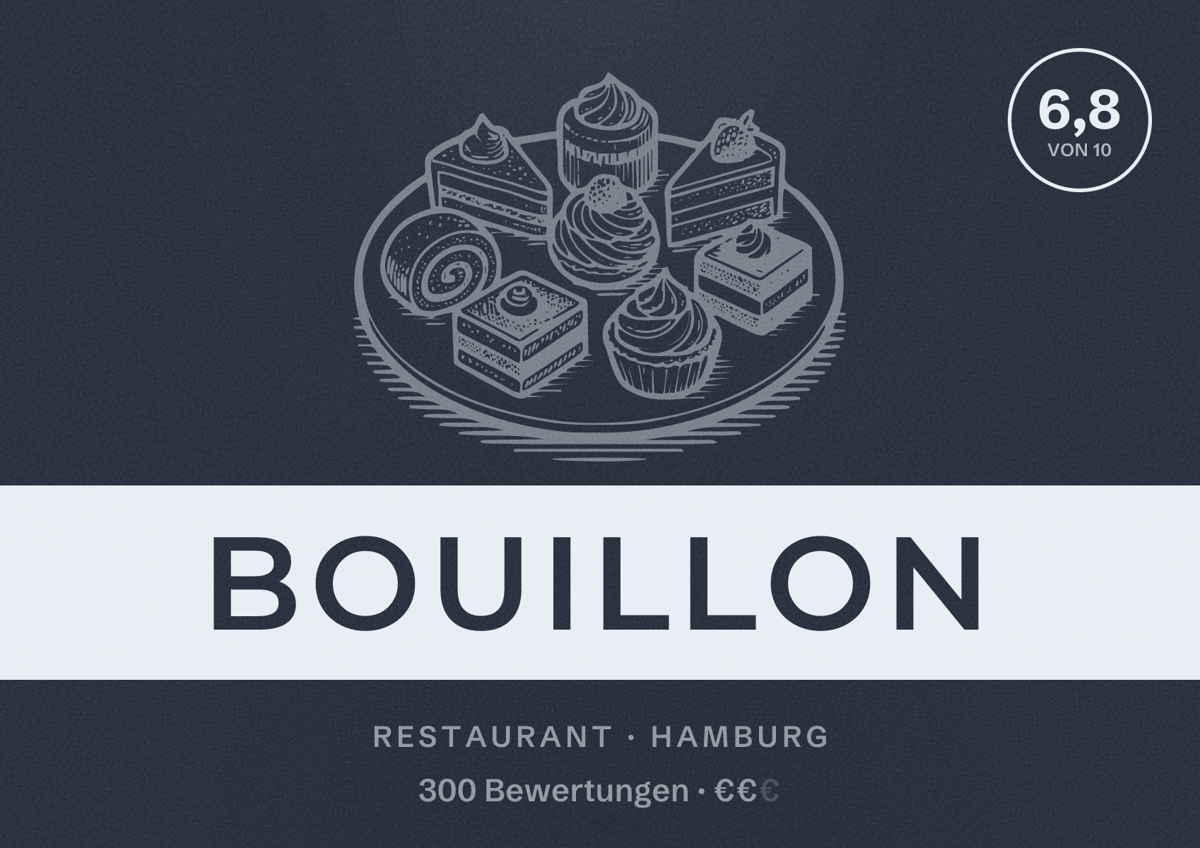 Illustriertes Poster von Bouillon, Restaurant in Hamburg: Bewertung 6,8 von 10 aus 300 Bewertungen, Preisniveau €€