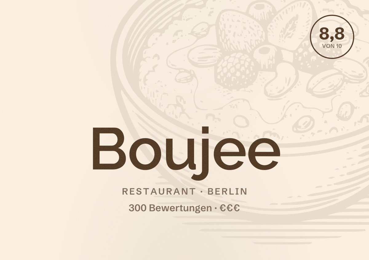 Illustriertes Poster von Boujee, Restaurant in Berlin: Bewertung 8,8 von 10 aus 300 Bewertungen, Preisniveau €€€