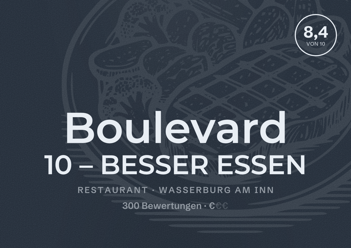 Illustriertes Poster von Boulevard 10 – BESSER ESSEN, Restaurant in Wasserburg am Inn: Bewertung 8,4 von 10 aus 300 Bewertungen, Preisniveau €