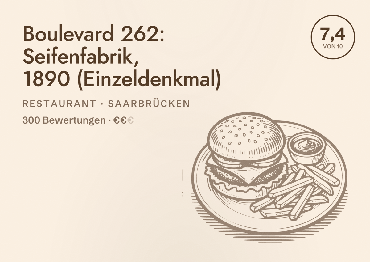 Illustriertes Poster von Boulevard 262: Seifenfabrik, 1890 (Einzeldenkmal), Restaurant in Saarbrücken: Bewertung 7,4 von 10 aus 300 Bewertungen, Preisniveau €€