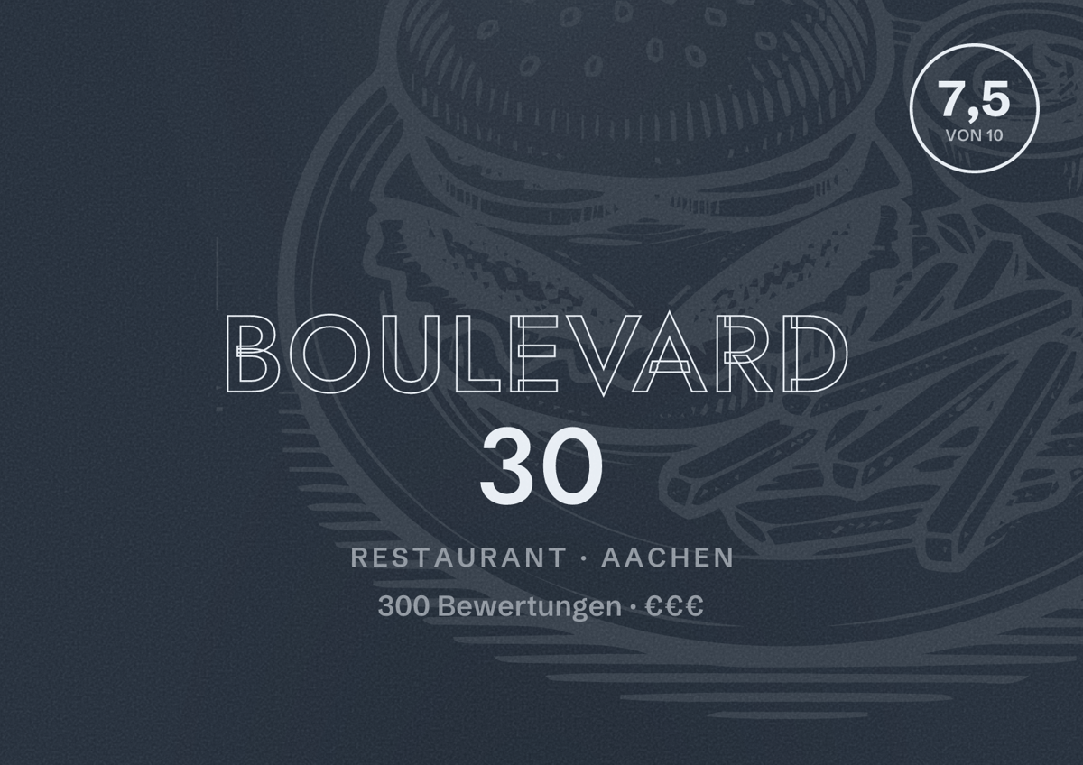 Illustriertes Poster von Boulevard 30, Restaurant in Aachen: Bewertung 7,5 von 10 aus 300 Bewertungen, Preisniveau €€€