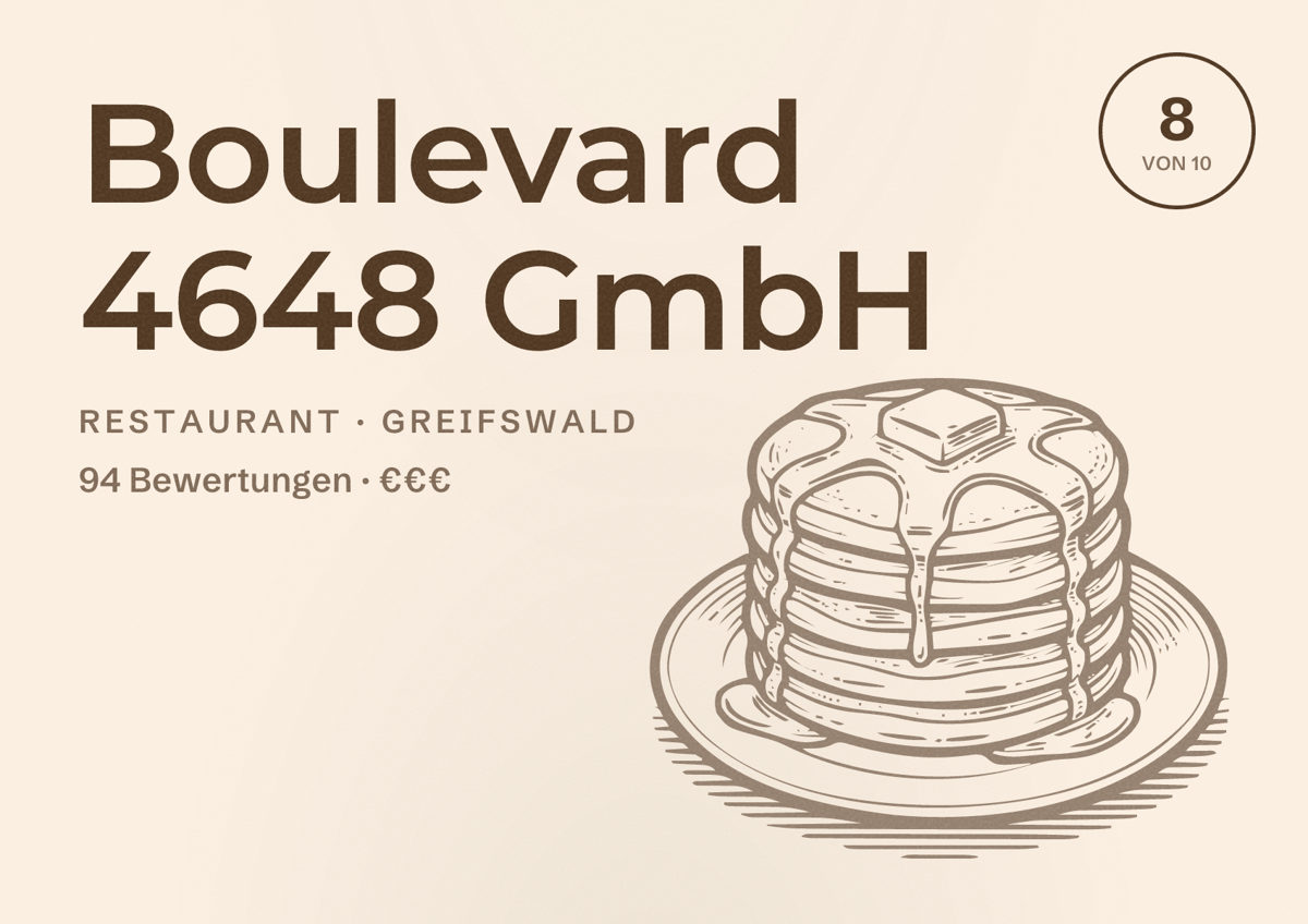 Illustriertes Poster von Boulevard 4648 GmbH, Restaurant in Greifswald: Bewertung 8 von 10 aus 94 Bewertungen, Preisniveau €€€