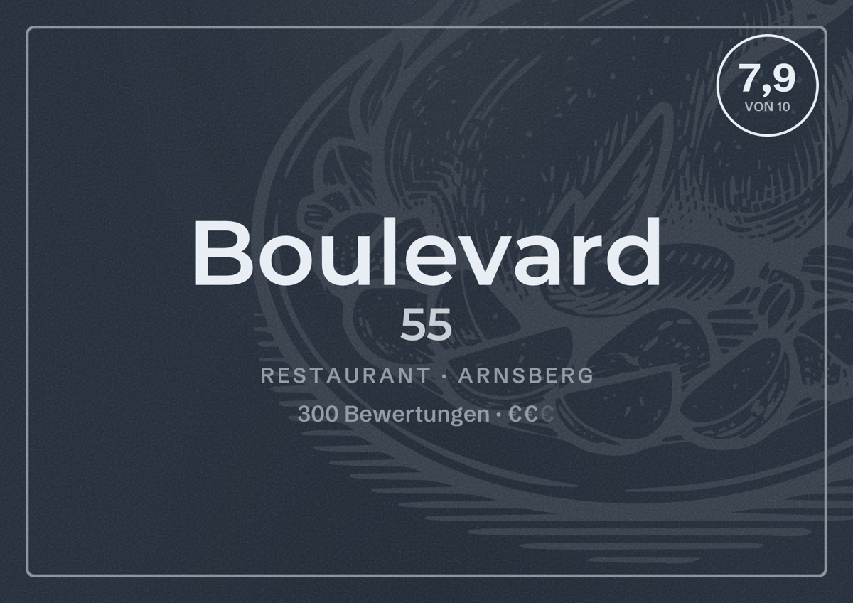 Illustriertes Poster von Boulevard 55, Restaurant in Arnsberg: Bewertung 7,9 von 10 aus 300 Bewertungen, Preisniveau €€