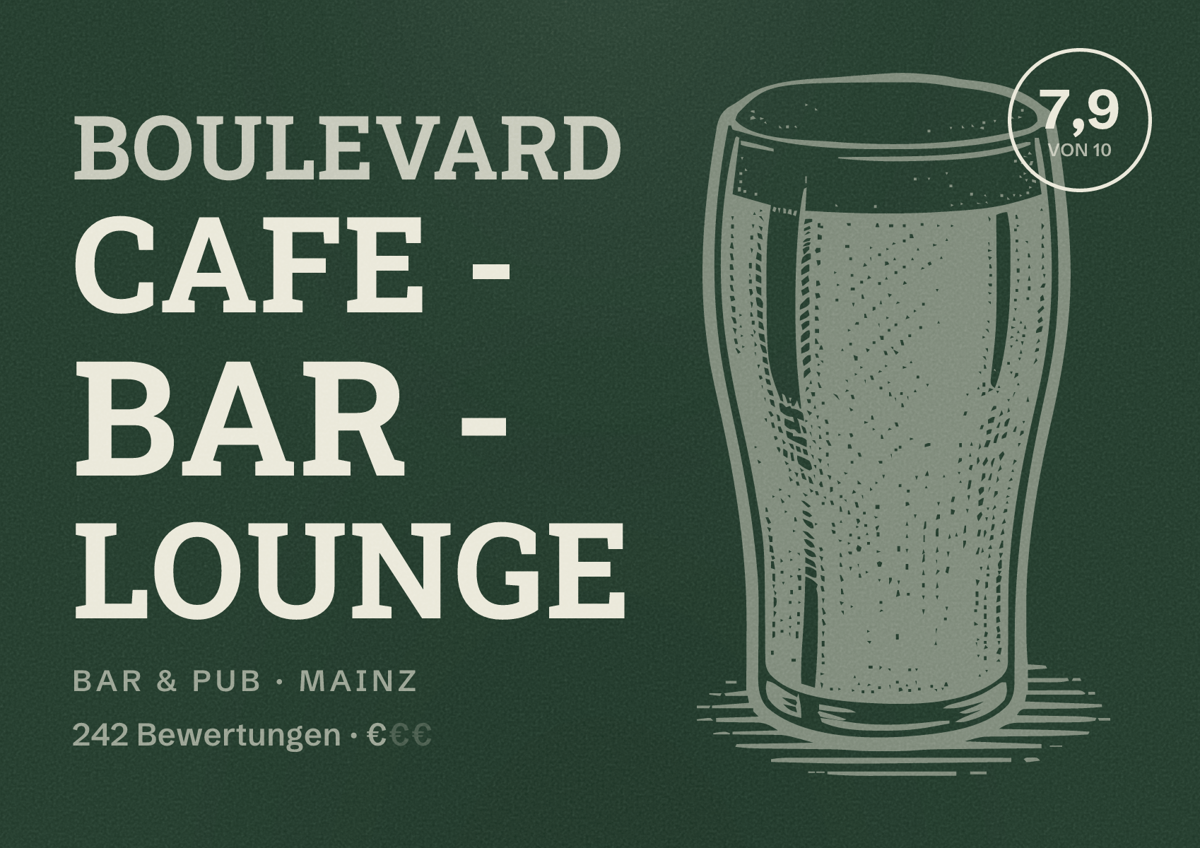 Illustriertes Poster von Boulevard Cafe - Bar - Lounge, Bar & Pub in Mainz: Bewertung 7,9 von 10 aus 242 Bewertungen, Preisniveau €