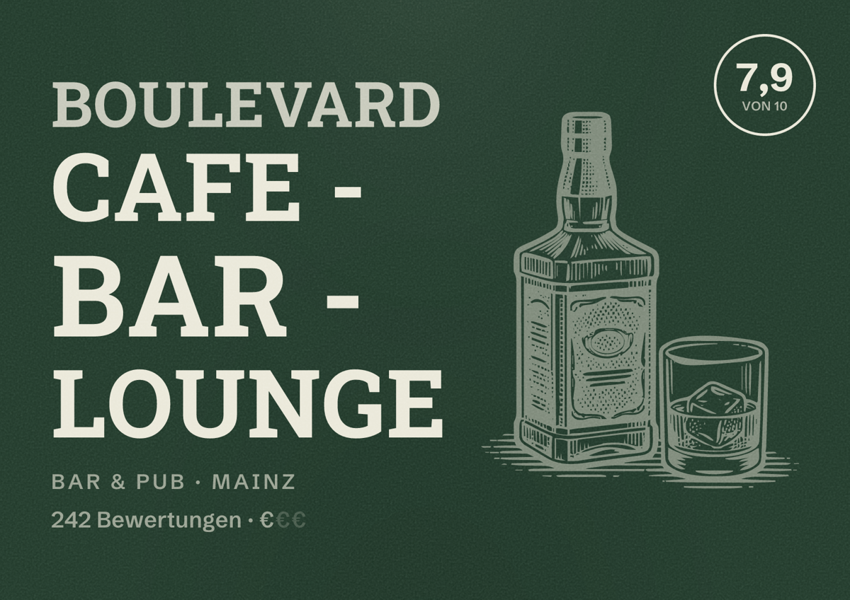 Illustriertes Poster von Boulevard Cafe - Bar - Lounge, Bar & Pub in Mainz: Bewertung 7,9 von 10 aus 242 Bewertungen, Preisniveau €