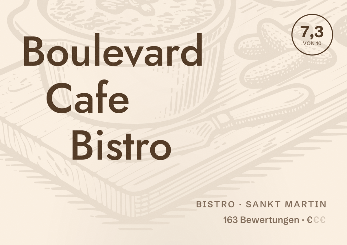 Illustriertes Poster von Boulevard Cafe Bistro, Bistro in Sankt Martin: Bewertung 7,3 von 10 aus 163 Bewertungen, Preisniveau €