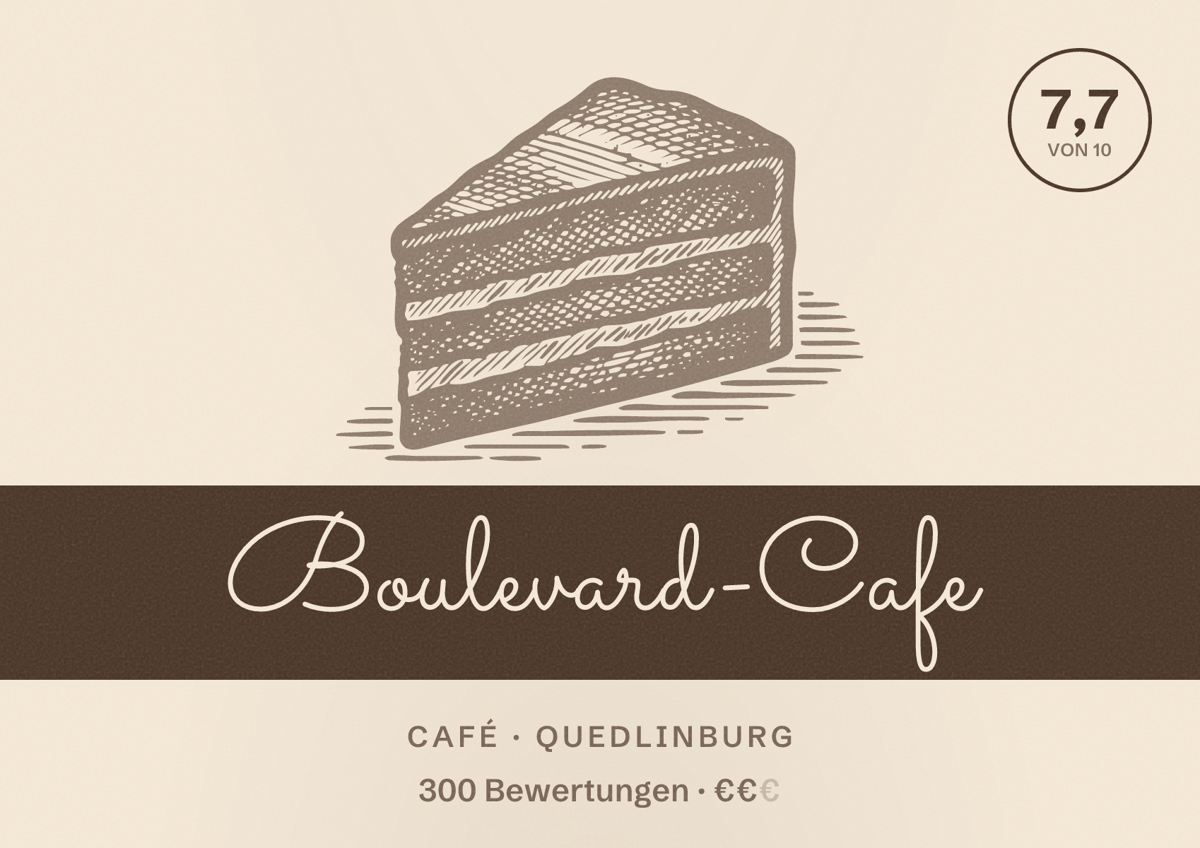 Illustriertes Poster von Boulevard-Cafe, Café in Quedlinburg: Bewertung 7,7 von 10 aus 300 Bewertungen, Preisniveau €€
