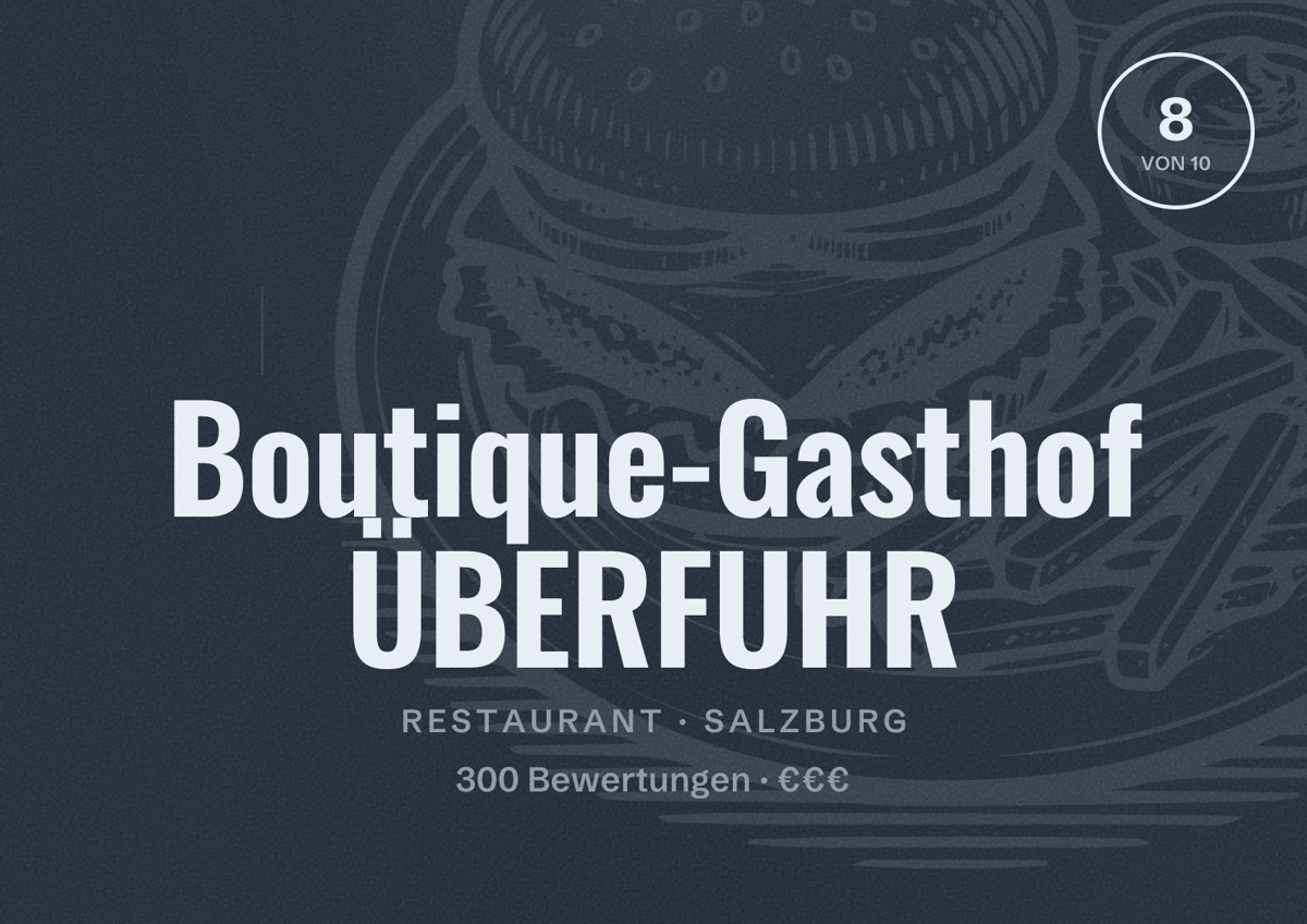 Illustriertes Poster von Boutique-Gasthof ÜBERFUHR, Restaurant in Salzburg: Bewertung 8 von 10 aus 300 Bewertungen, Preisniveau €€€
