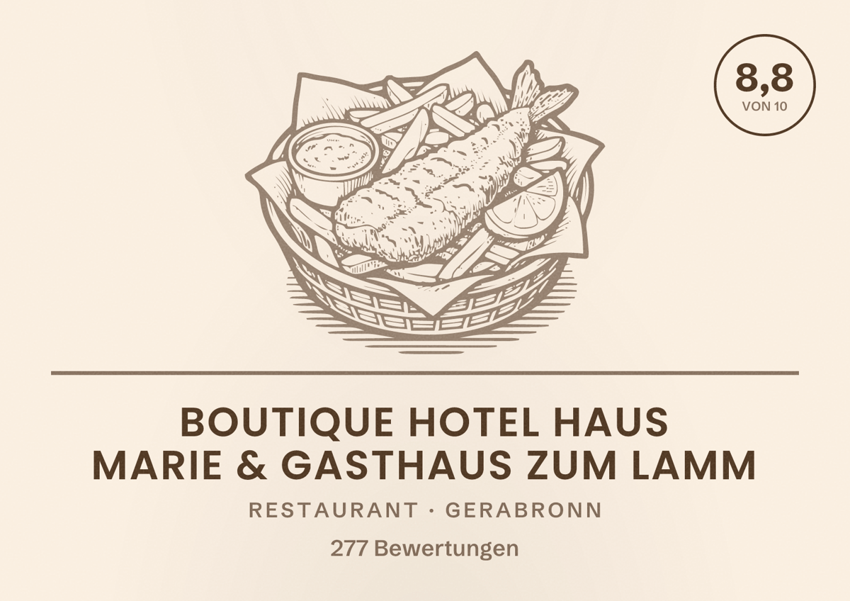 Illustriertes Poster von Boutique Hotel Haus Marie & Gasthaus zum Lamm, Restaurant in Gerabronn: Bewertung 8,8 von 10 aus 277 Bewertungen