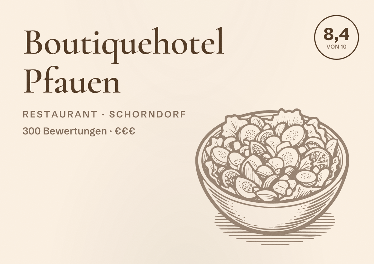 Illustriertes Poster von Boutiquehotel Pfauen, Restaurant in Schorndorf: Bewertung 8,4 von 10 aus 300 Bewertungen, Preisniveau €€€