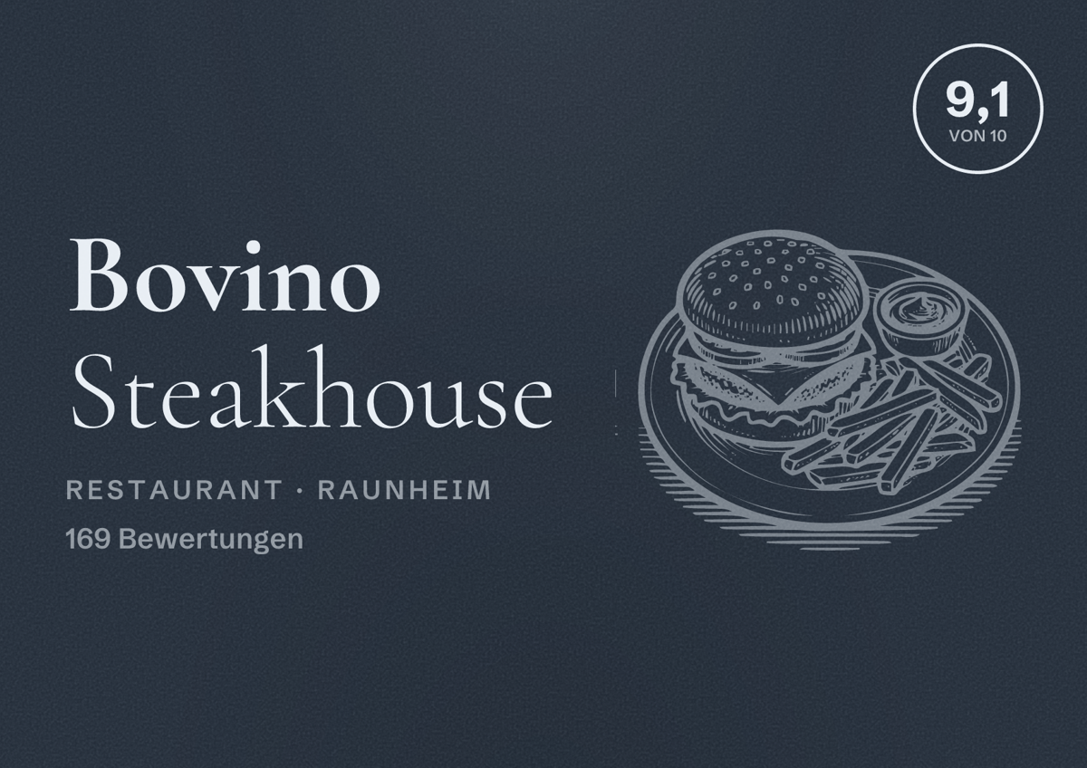 Illustriertes Poster von Bovino Steakhouse, Restaurant in Raunheim: Bewertung 9,1 von 10 aus 169 Bewertungen