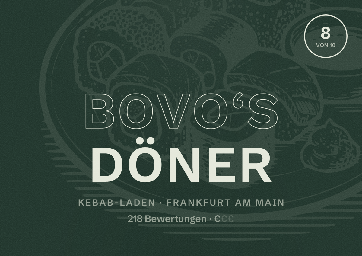 Illustriertes Poster von Bovo‘s Döner, Kebab-Laden in Frankfurt am Main: Bewertung 8,0 von 10 aus 218 Bewertungen, Preisniveau €