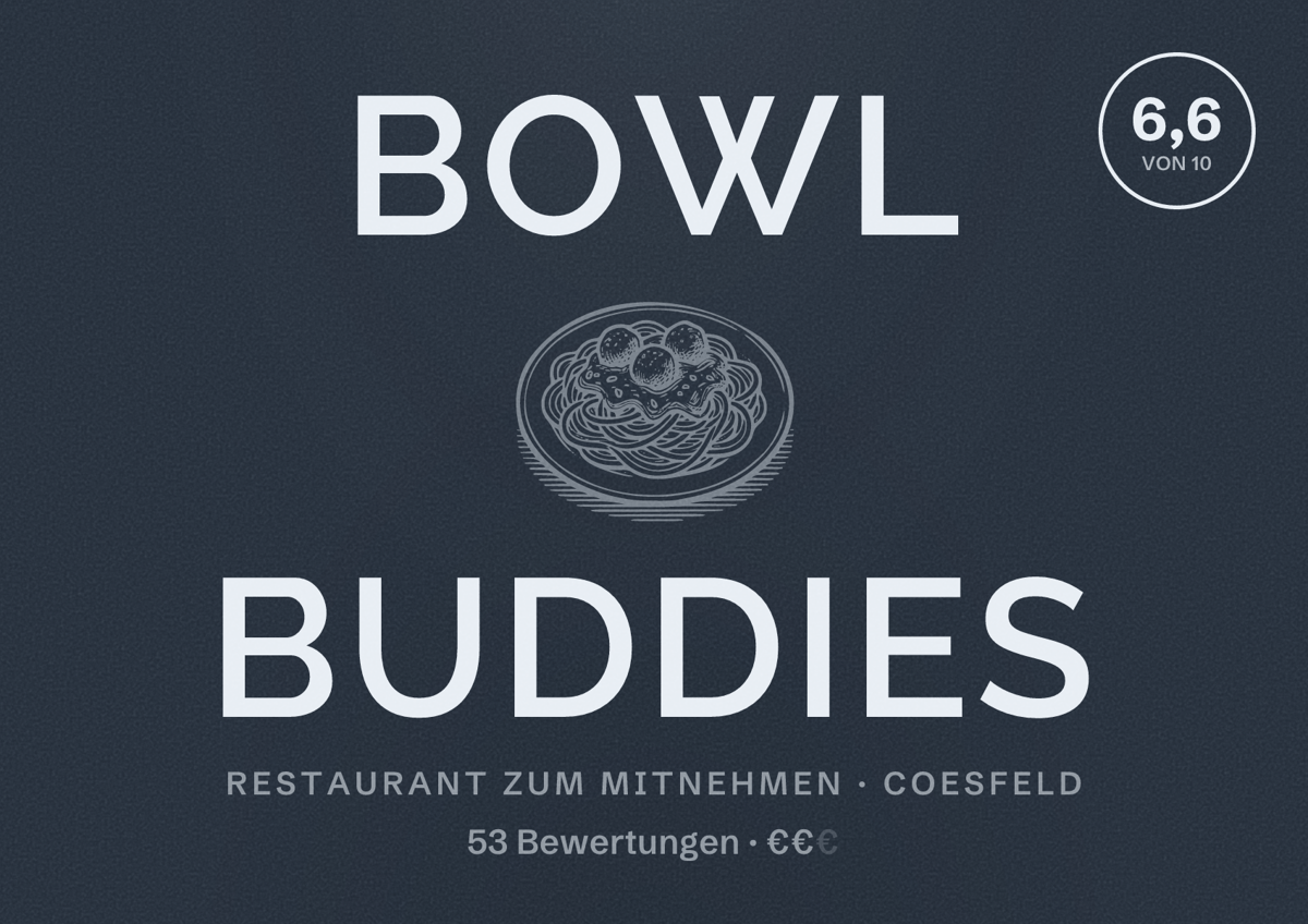 Illustriertes Poster von Bowl Buddies, Restaurant zum Mitnehmen in Coesfeld: Bewertung 6,6 von 10 aus 53 Bewertungen, Preisniveau €€