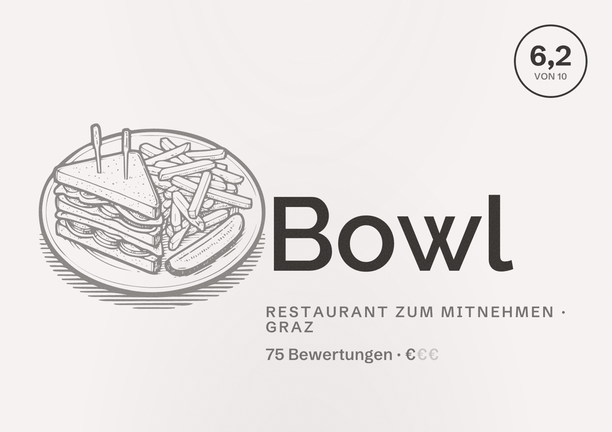 Illustriertes Poster von Bowl, Restaurant zum Mitnehmen in Graz: Bewertung 6,2 von 10 aus 75 Bewertungen, Preisniveau €