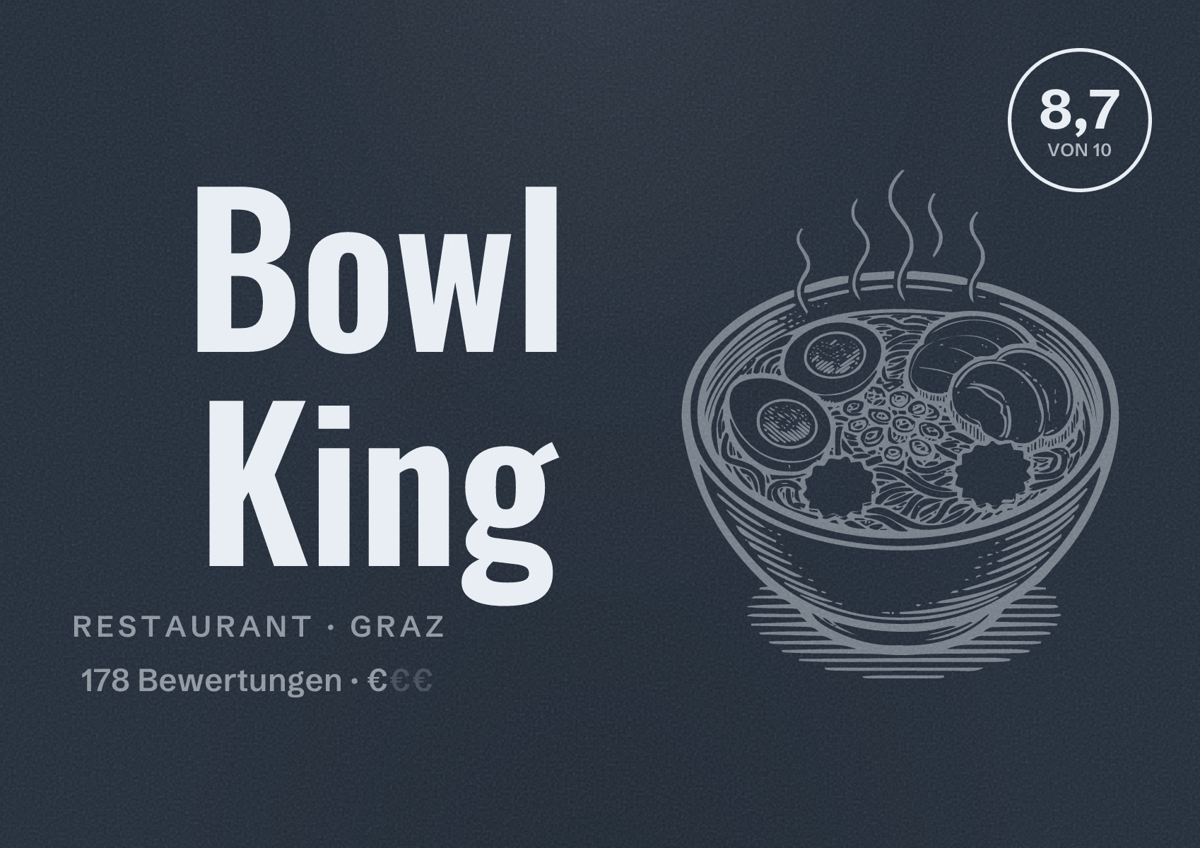Illustriertes Poster von Bowl King, Restaurant in Graz: Bewertung 8,7 von 10 aus 178 Bewertungen, Preisniveau €