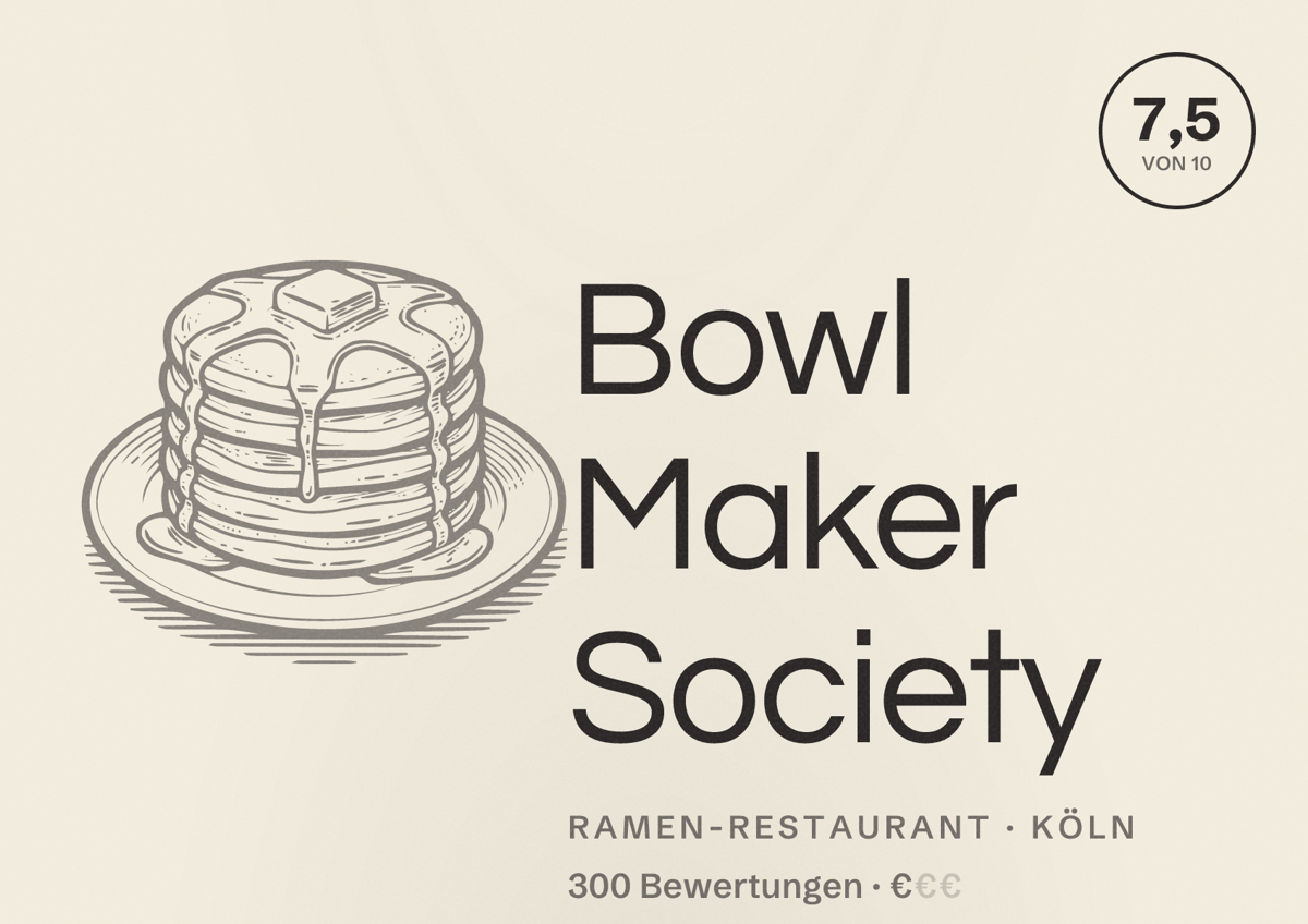Illustriertes Poster von Bowl Maker Society, Ramen-Restaurant in Köln: Bewertung 7,5 von 10 aus 300 Bewertungen, Preisniveau €