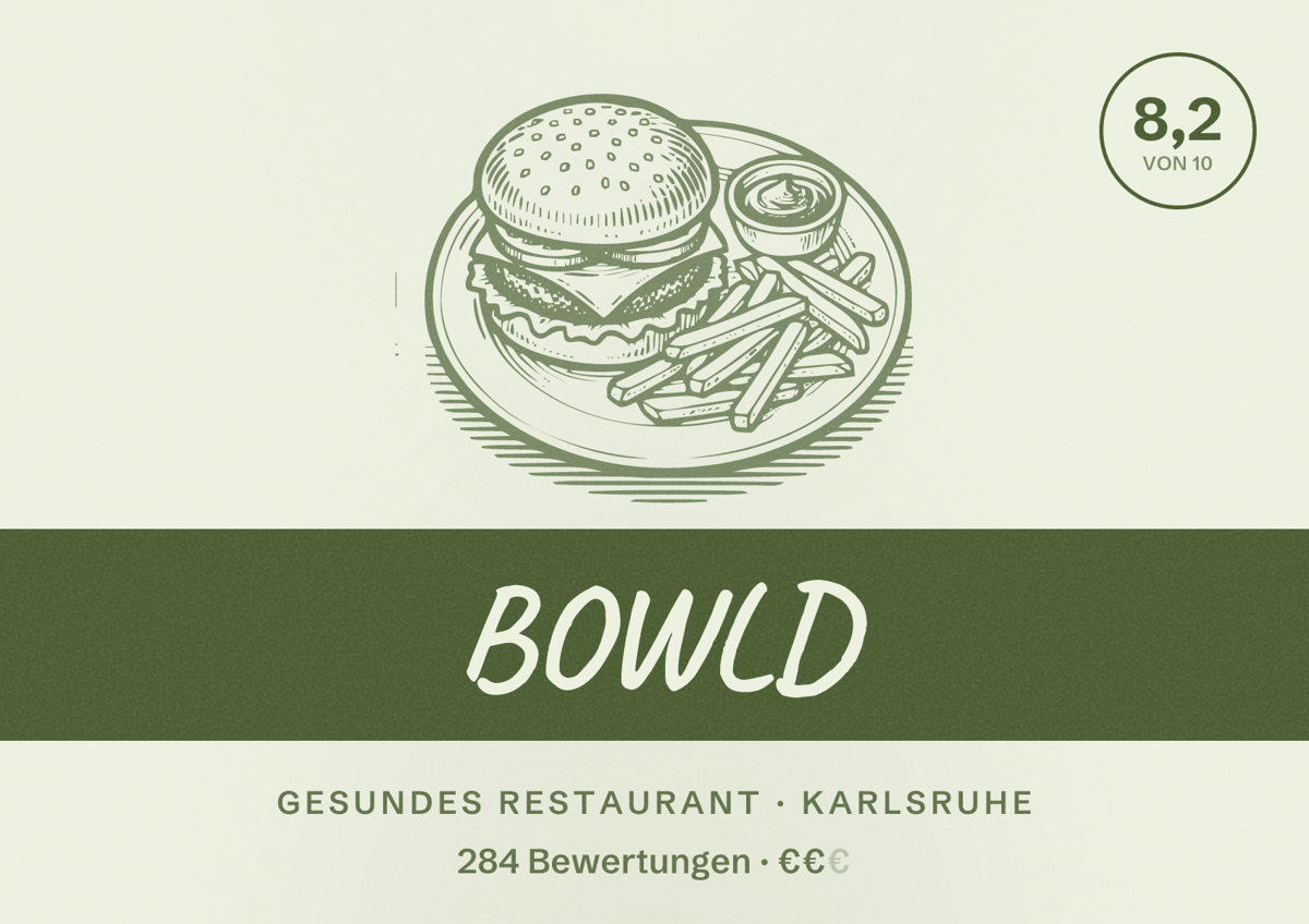 Illustriertes Poster von BOWLD, Gesundes Restaurant in Karlsruhe: Bewertung 8,2 von 10 aus 284 Bewertungen, Preisniveau €€