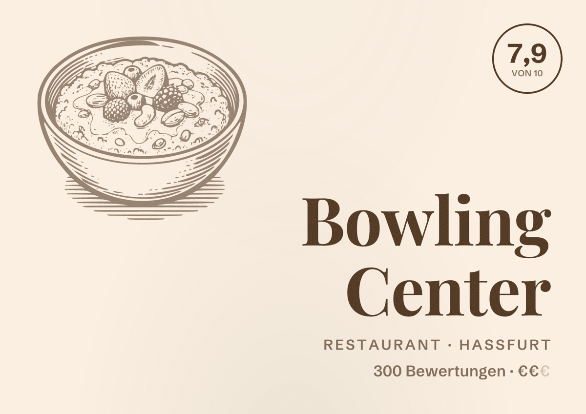 Illustriertes Poster von Bowling Center, Restaurant in Haßfurt: Bewertung 7,9 von 10 aus 300 Bewertungen, Preisniveau €€