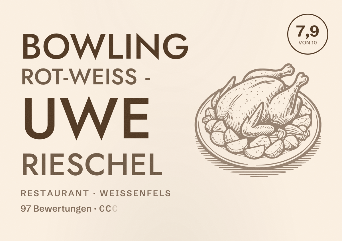Illustriertes Poster von Bowling Rot-Weiss - Uwe Rieschel, Restaurant in Weißenfels: Bewertung 7,9 von 10 aus 97 Bewertungen, Preisniveau €€