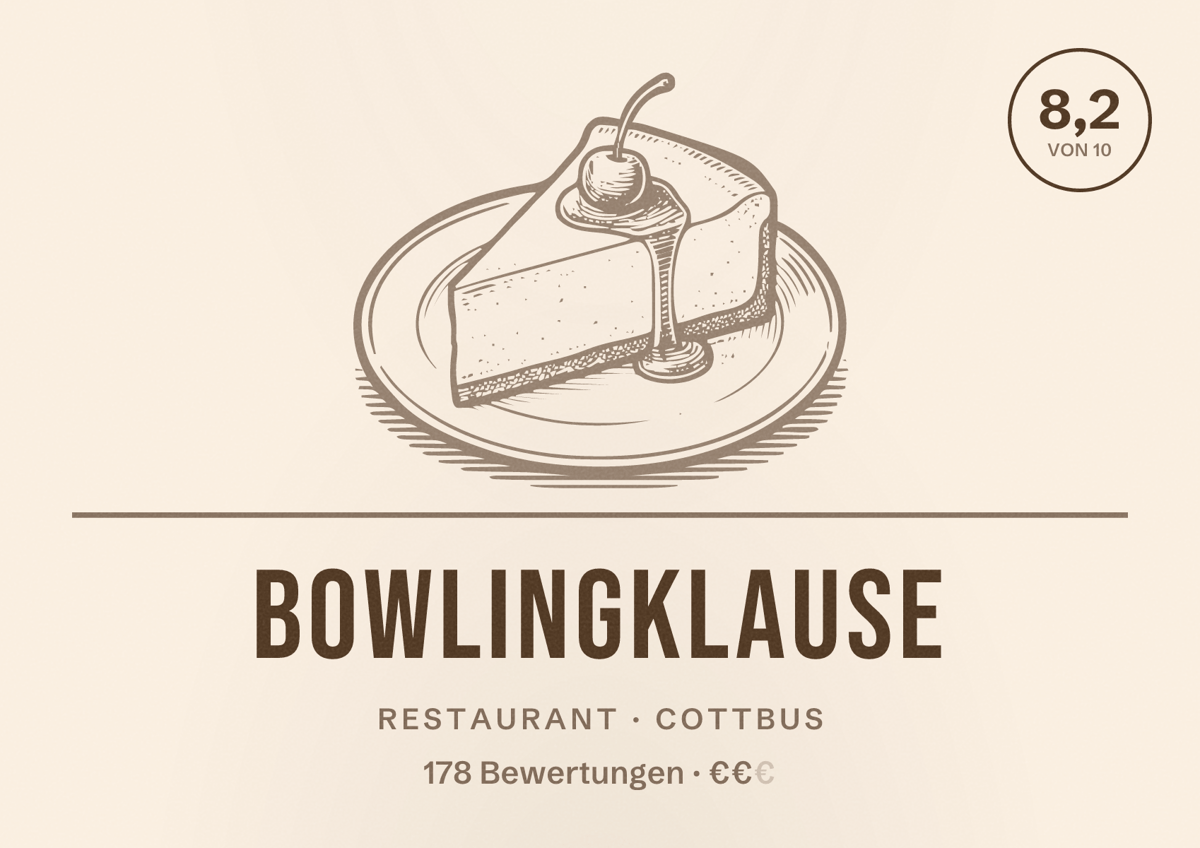 Illustriertes Poster von Bowlingklause, Restaurant in Cottbus: Bewertung 8,2 von 10 aus 178 Bewertungen, Preisniveau €€