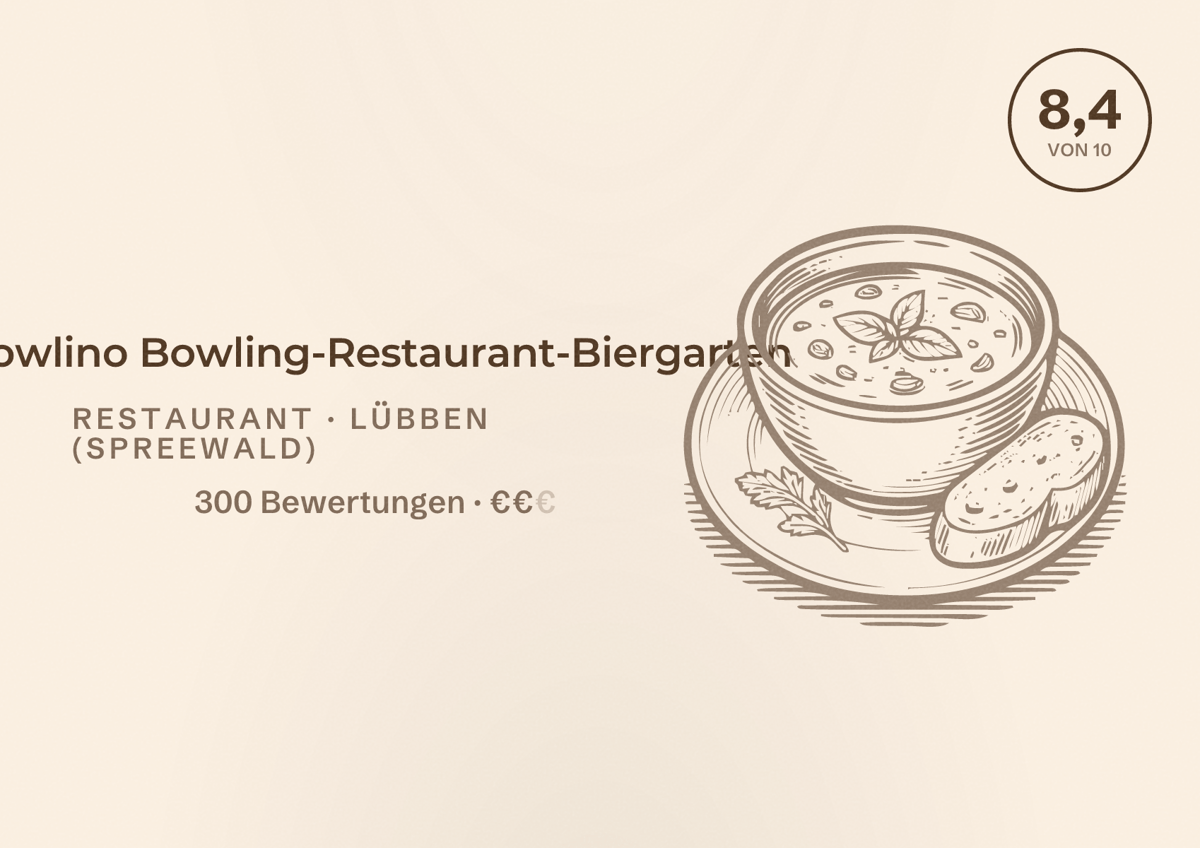 Illustriertes Poster von Bowlino Bowling-Restaurant-Biergarten, Restaurant in Lübben (Spreewald): Bewertung 8,4 von 10 aus 300 Bewertungen, Preisniveau €€