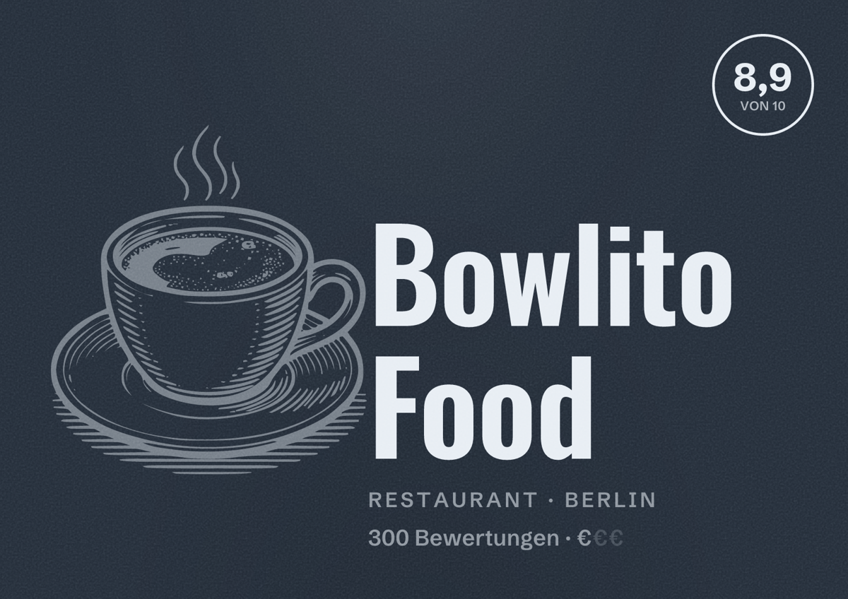Illustriertes Poster von Bowlito Food, Restaurant in Berlin: Bewertung 8,9 von 10 aus 300 Bewertungen, Preisniveau €