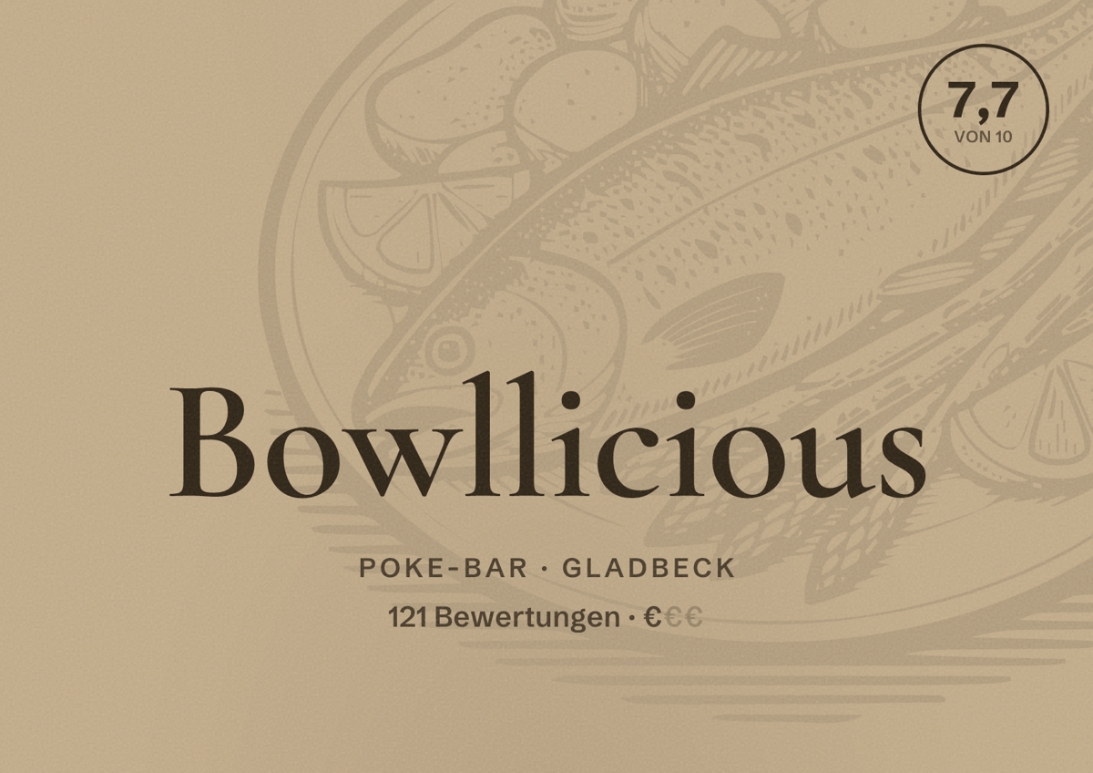 Illustriertes Poster von Bowllicious, Poke-Bar in Gladbeck: Bewertung 7,7 von 10 aus 121 Bewertungen, Preisniveau €