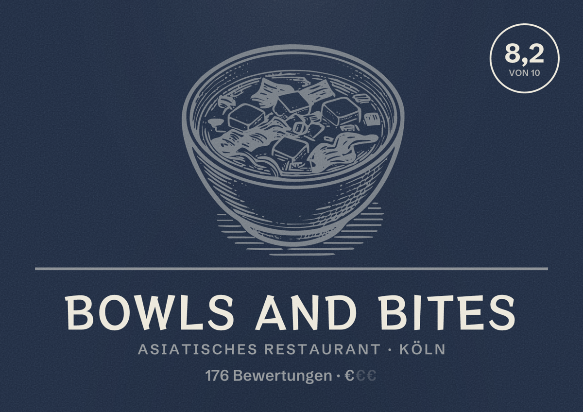 Illustriertes Poster von Bowls and Bites, Asiatisches Restaurant in Köln: Bewertung 8,2 von 10 aus 176 Bewertungen, Preisniveau €