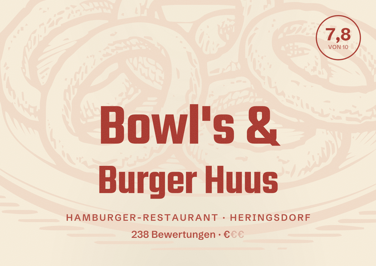 Illustriertes Poster von Bowl's & Burger Huus, Hamburger-Restaurant in Heringsdorf: Bewertung 7,8 von 10 aus 238 Bewertungen, Preisniveau €