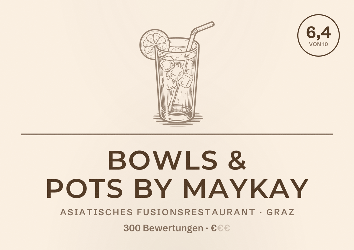 Illustriertes Poster von BOWLS & POTS by MayKay, Asiatisches Fusionsrestaurant in Graz: Bewertung 6,4 von 10 aus 300 Bewertungen, Preisniveau €