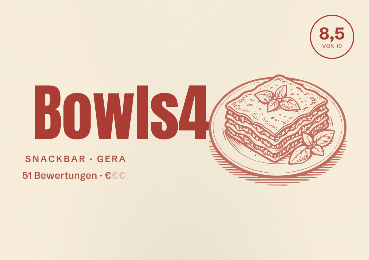 Illustriertes Poster von Bowls4, Snackbar in Gera: Bewertung 8,5 von 10 aus 51 Bewertungen, Preisniveau €