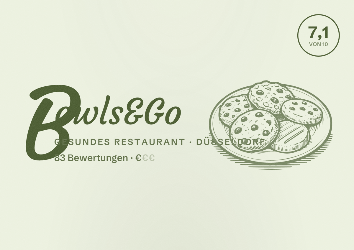 Illustriertes Poster von Bowls&Go, Gesundes Restaurant in Düsseldorf: Bewertung 7,1 von 10 aus 83 Bewertungen, Preisniveau €