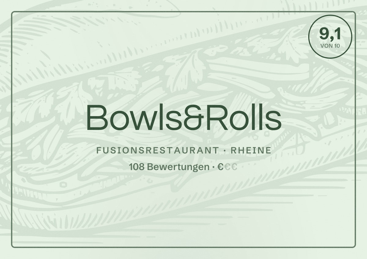 Illustriertes Poster von Bowls&Rolls, Fusionsrestaurant in Rheine: Bewertung 9,1 von 10 aus 108 Bewertungen, Preisniveau €
