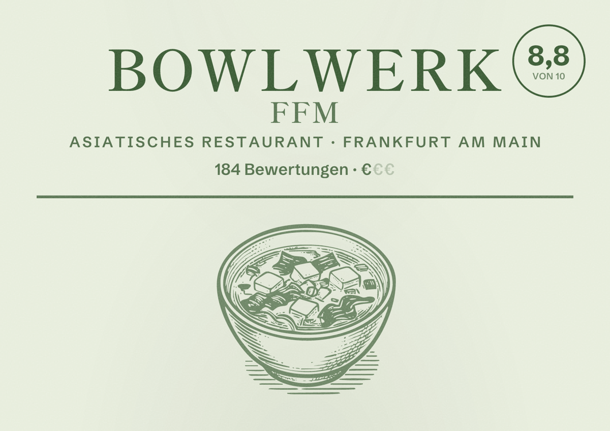 Illustriertes Poster von Bowlwerk FFM, Asiatisches Restaurant in Frankfurt am Main: Bewertung 8,8 von 10 aus 184 Bewertungen, Preisniveau €