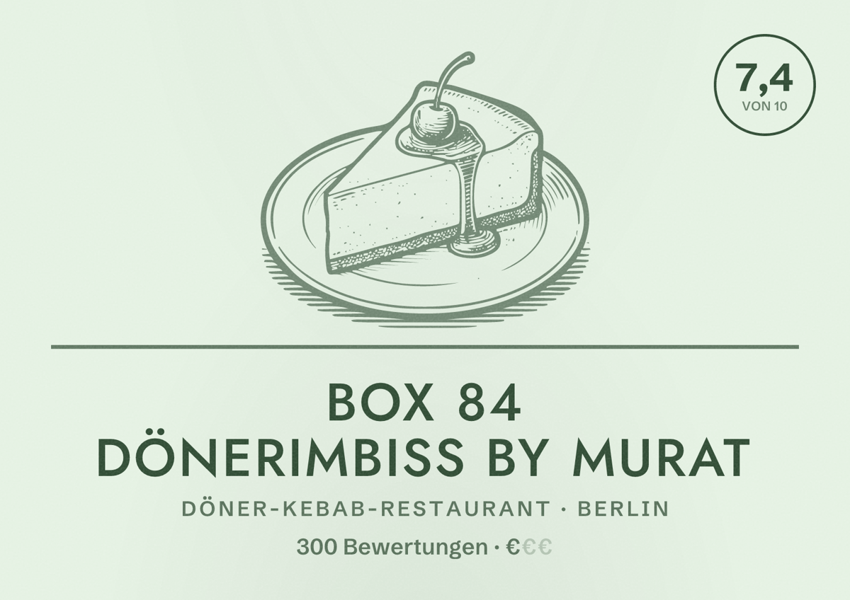 Illustriertes Poster von Box 84 Dönerimbiss by Murat, Döner-Kebab-Restaurant in Berlin: Bewertung 7,4 von 10 aus 300 Bewertungen, Preisniveau €