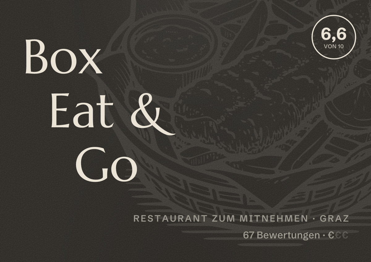 Illustriertes Poster von Box Eat & Go, Restaurant zum Mitnehmen in Graz: Bewertung 6,6 von 10 aus 67 Bewertungen, Preisniveau €