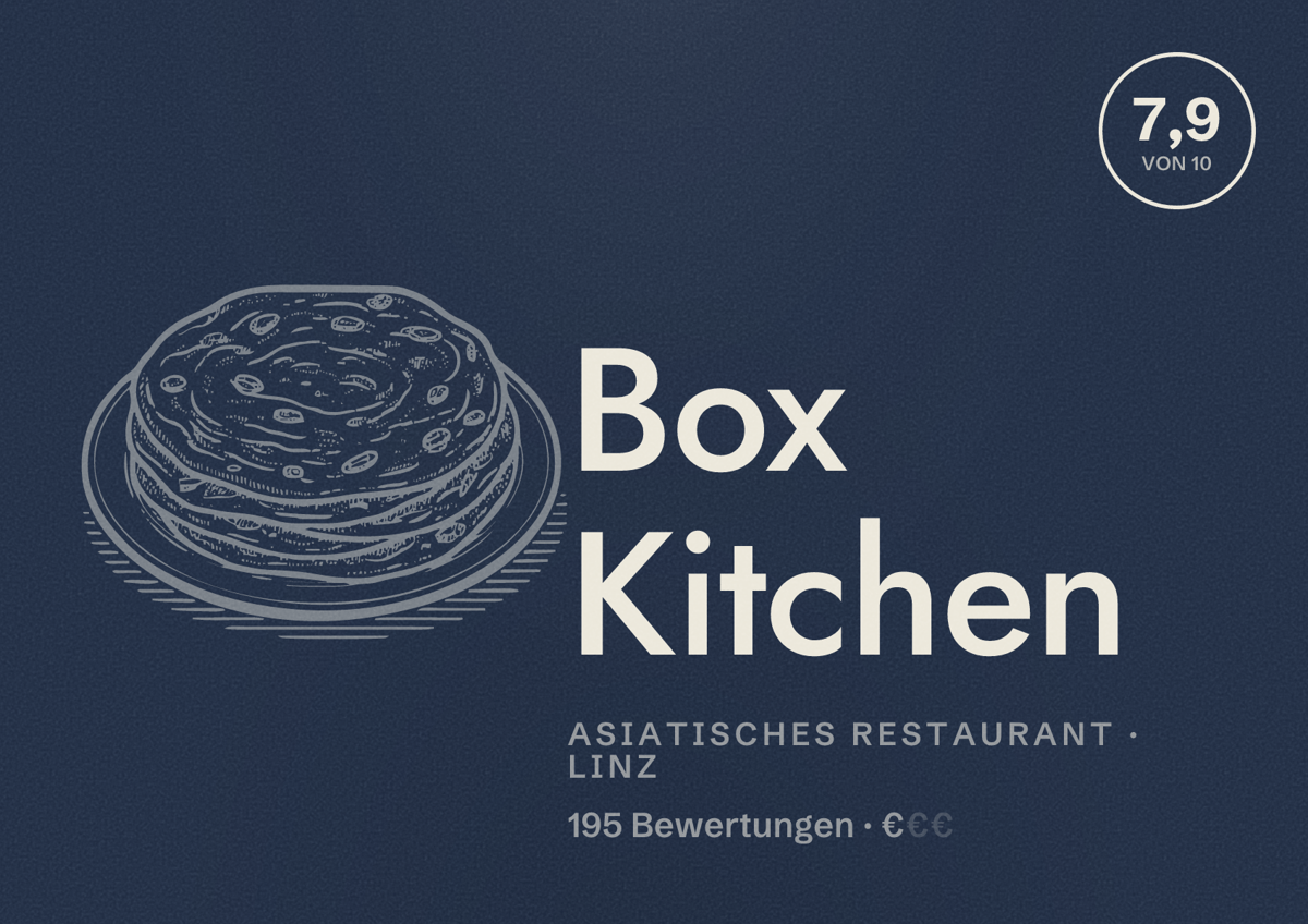 Illustriertes Poster von Box Kitchen, Asiatisches Restaurant in Linz: Bewertung 7,9 von 10 aus 195 Bewertungen, Preisniveau €