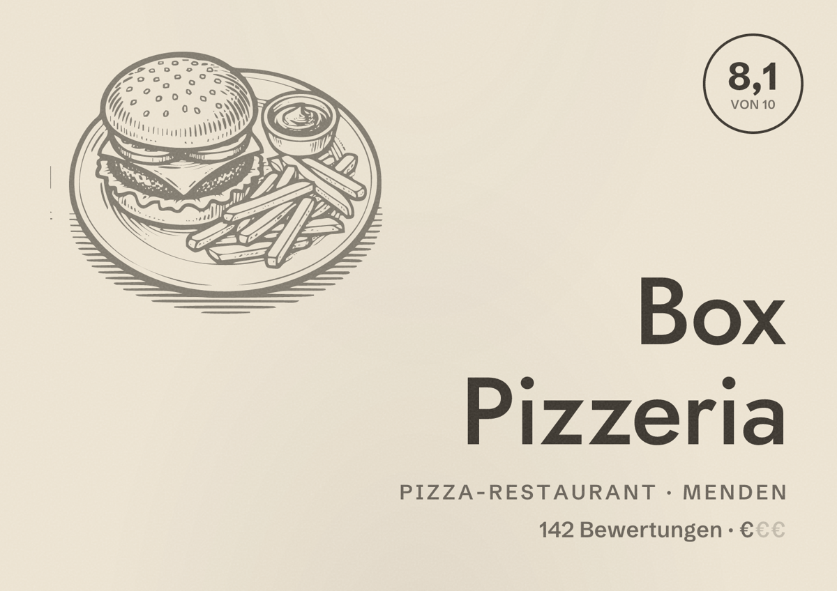 Illustriertes Poster von Box Pizzeria, Pizza-Restaurant in Menden: Bewertung 8,1 von 10 aus 142 Bewertungen, Preisniveau €