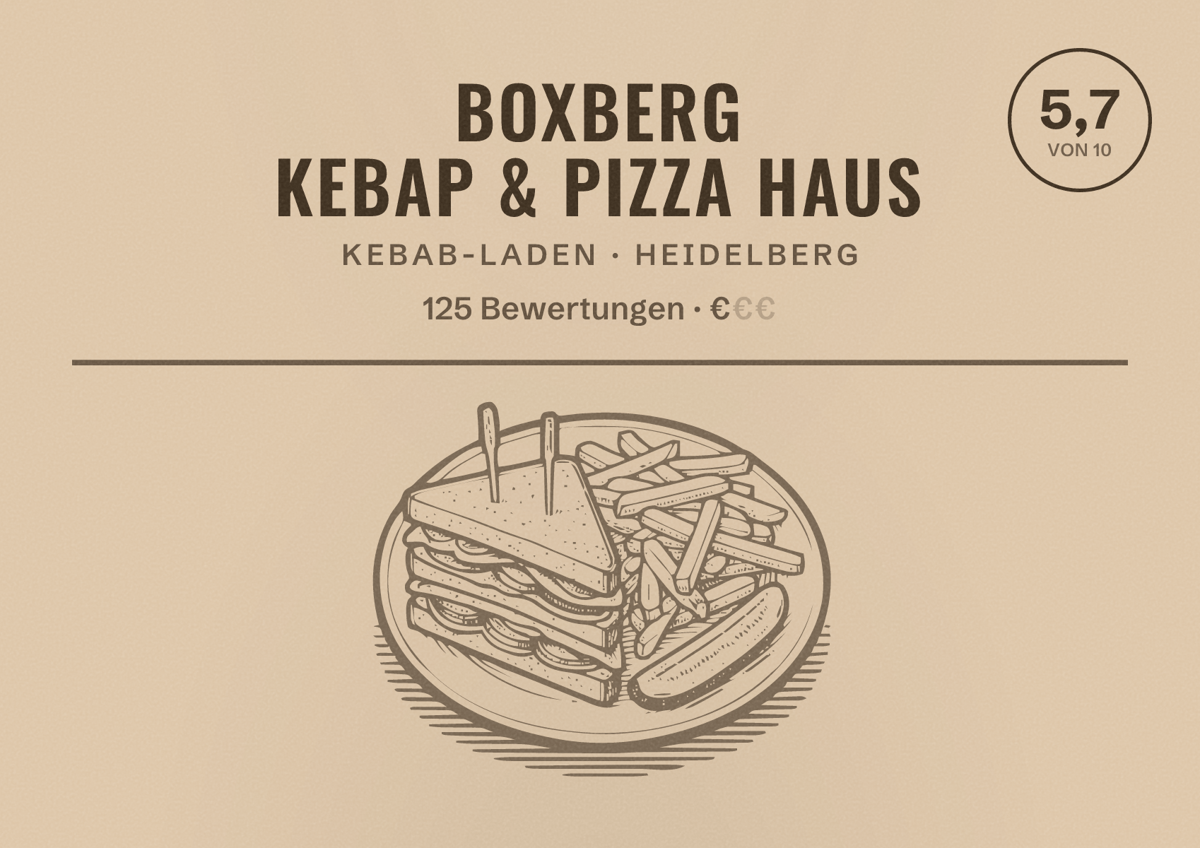 Illustriertes Poster von Boxberg Kebap & Pizza Haus, Kebab-Laden in Heidelberg: Bewertung 5,7 von 10 aus 125 Bewertungen, Preisniveau €