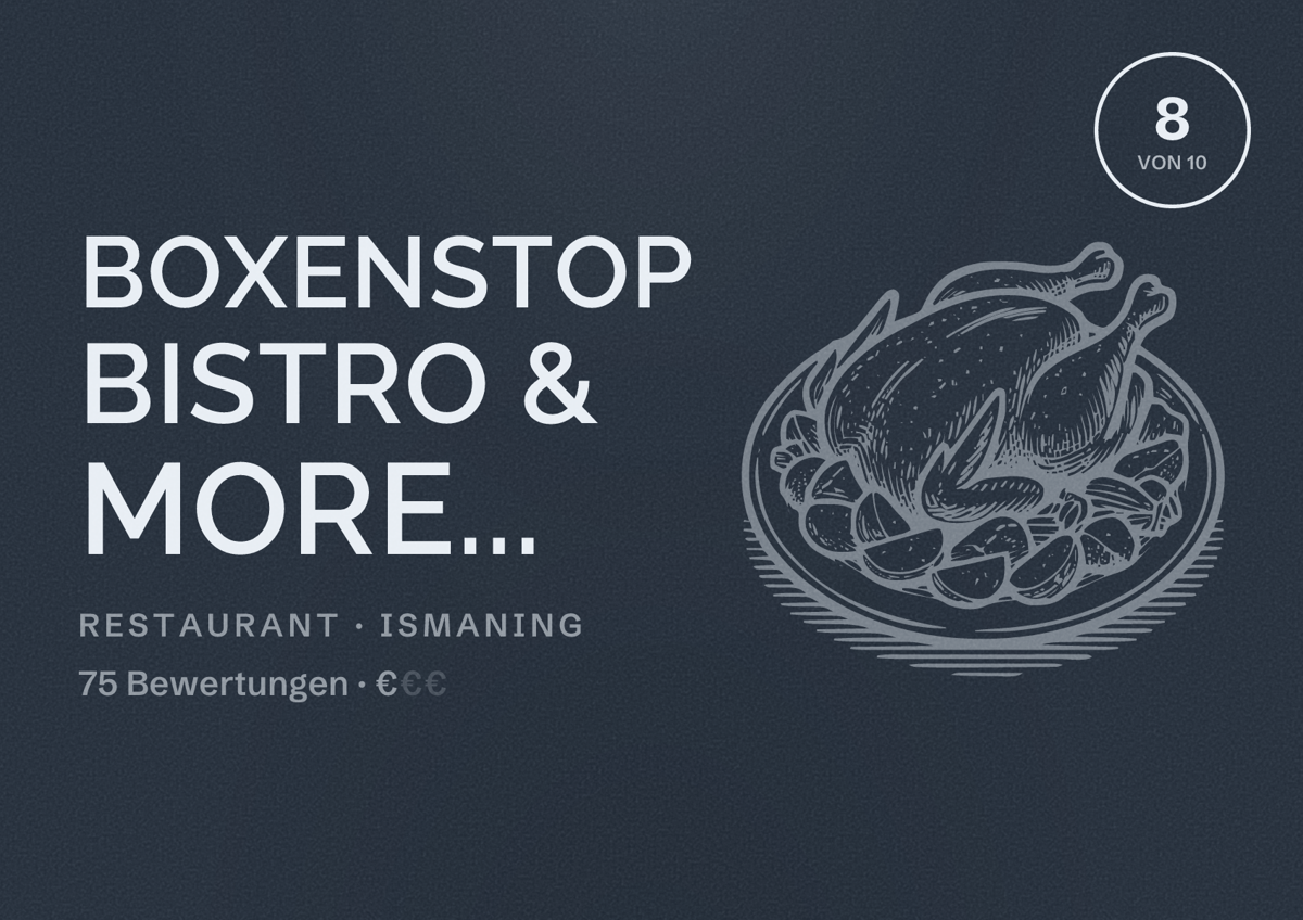 Illustriertes Poster von Boxenstop Bistro & more..., Restaurant in Ismaning: Bewertung 8 von 10 aus 75 Bewertungen, Preisniveau €