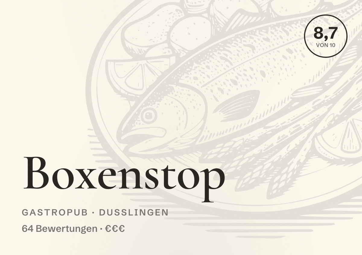 Illustriertes Poster von Boxenstop, Gastropub in Dußlingen: Bewertung 8,7 von 10 aus 64 Bewertungen, Preisniveau €€€