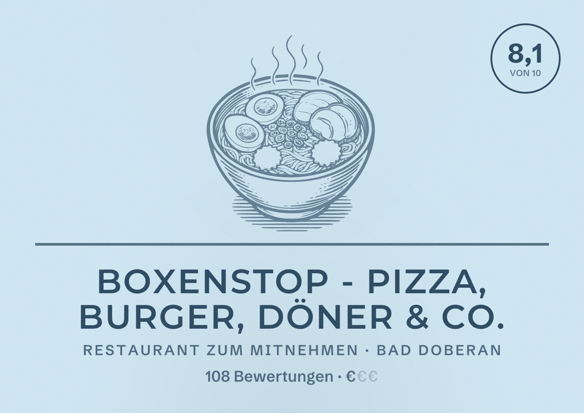 Illustriertes Poster von BOXENSTOP - Pizza, Burger, Döner & Co., Restaurant zum Mitnehmen in Bad Doberan: Bewertung 8,1 von 10 aus 108 Bewertungen, Preisniveau €