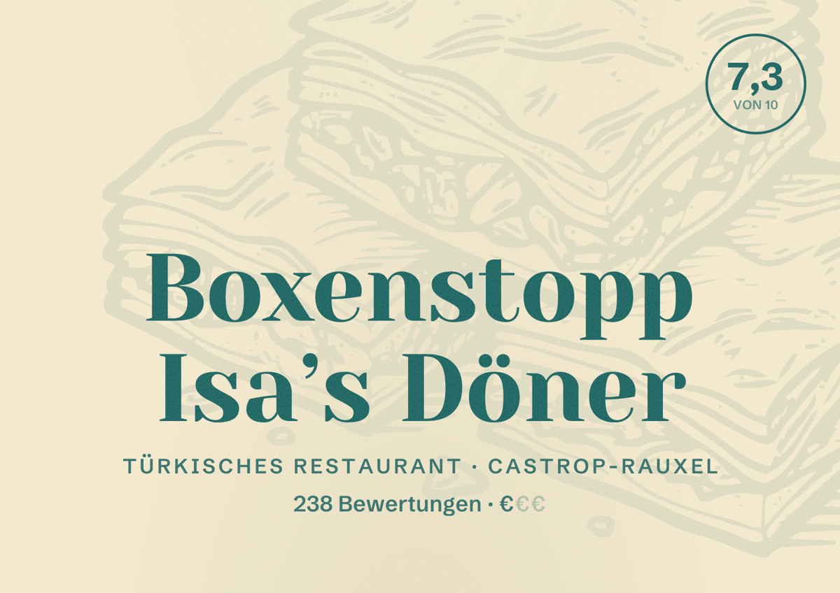 Illustriertes Poster von Boxenstopp Isa’s Döner, Türkisches Restaurant in Castrop-Rauxel: Bewertung 7,3 von 10 aus 238 Bewertungen, Preisniveau €