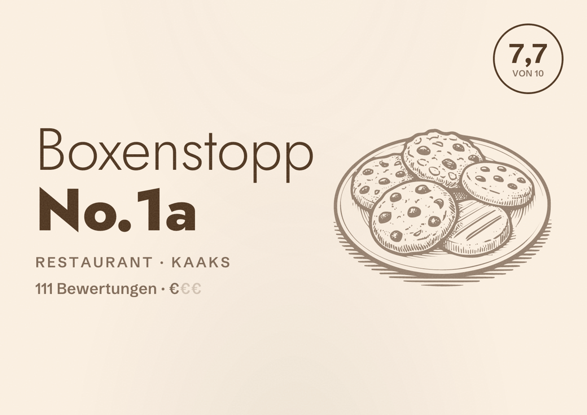 Illustriertes Poster von Boxenstopp No.1a, Restaurant in Kaaks: Bewertung 7,7 von 10 aus 111 Bewertungen, Preisniveau €