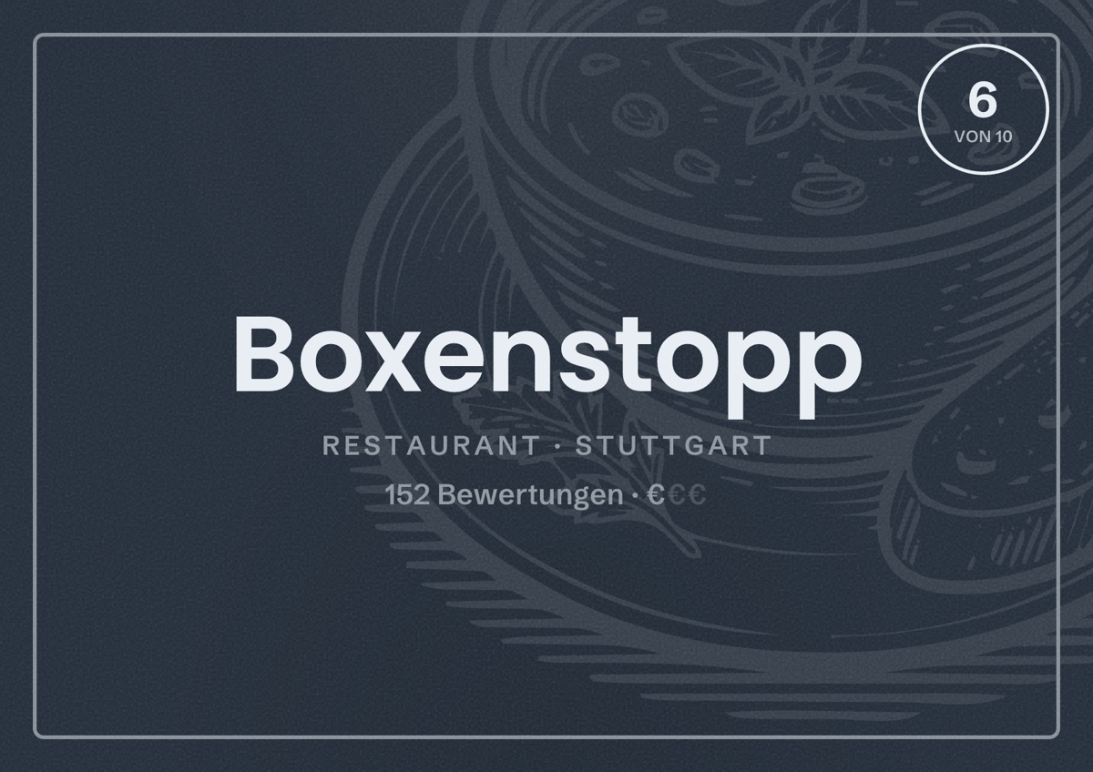 Illustriertes Poster von Boxenstopp, Restaurant in Stuttgart: Bewertung 6,0 von 10 aus 152 Bewertungen, Preisniveau €