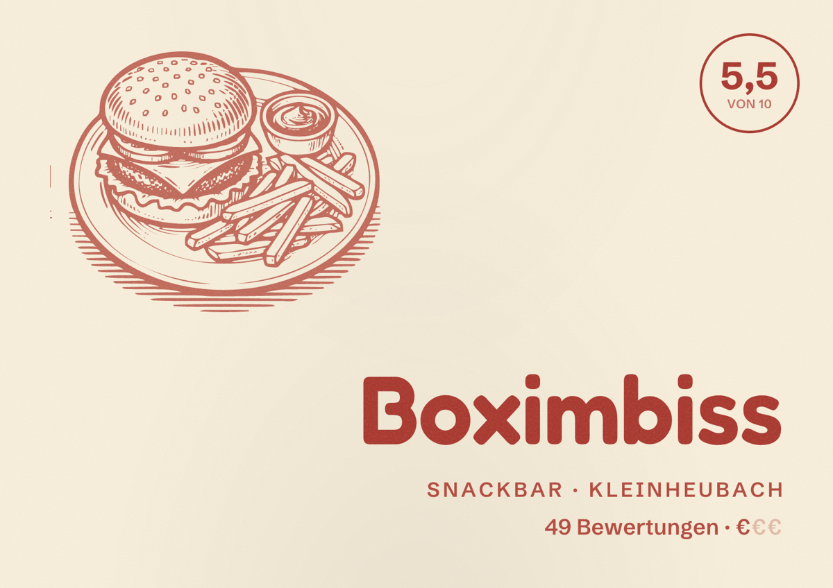 Illustriertes Poster von Boximbiss, Snackbar in Kleinheubach: Bewertung 5,5 von 10 aus 49 Bewertungen, Preisniveau €
