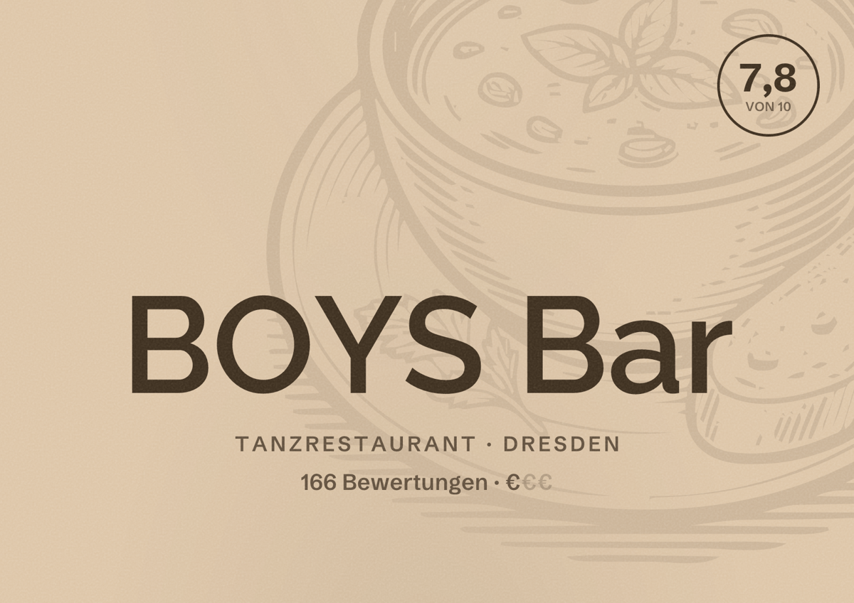 Illustriertes Poster von BOYS Bar, Tanzrestaurant in Dresden: Bewertung 7,8 von 10 aus 166 Bewertungen, Preisniveau €