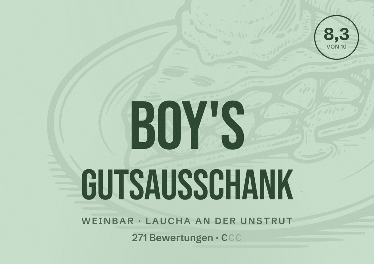 Illustriertes Poster von Boy's Gutsausschank, Weinbar in Laucha an der Unstrut: Bewertung 8,3 von 10 aus 271 Bewertungen, Preisniveau €