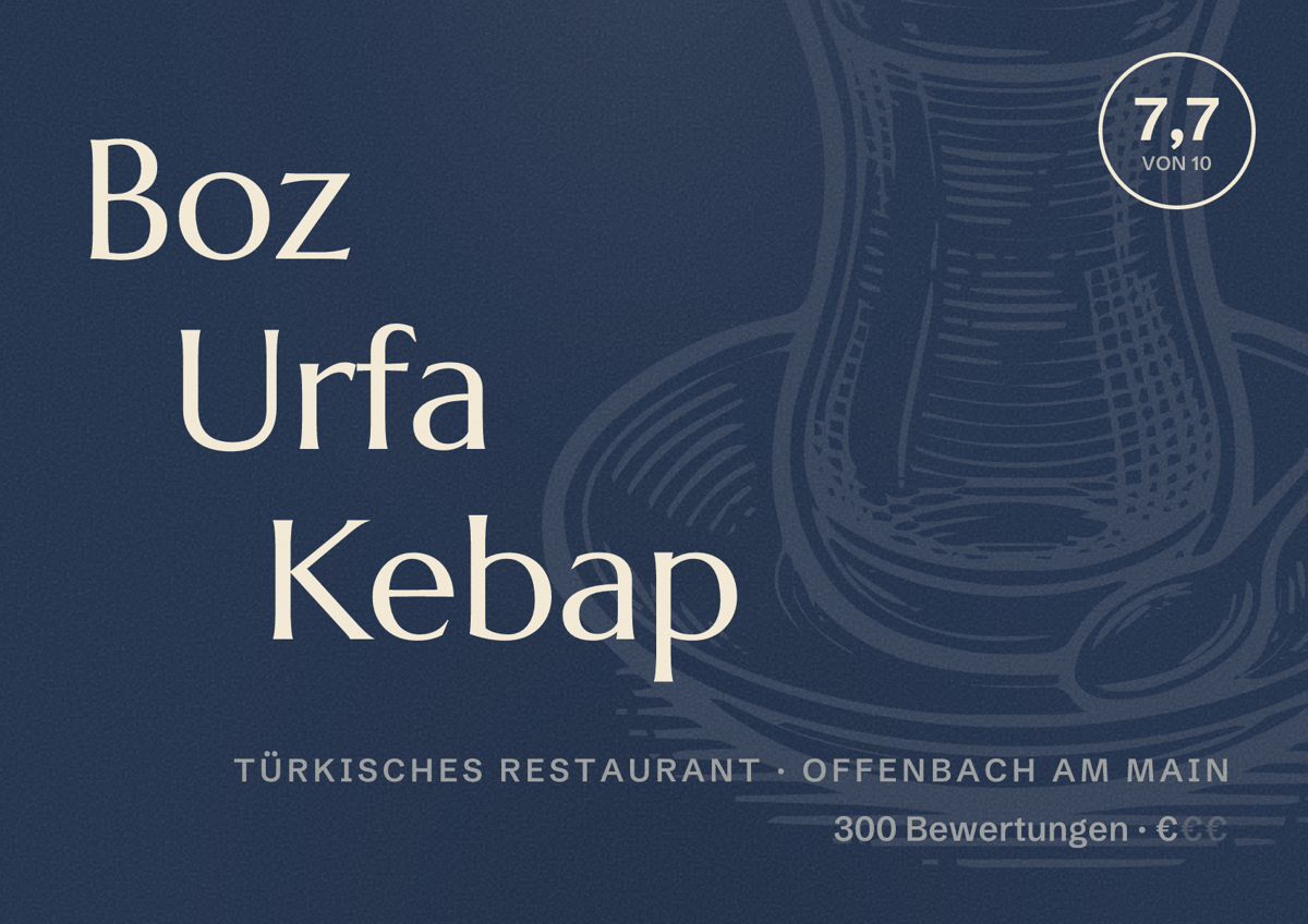 Illustriertes Poster von Boz Urfa Kebap, Türkisches Restaurant in Offenbach am Main: Bewertung 7,7 von 10 aus 300 Bewertungen, Preisniveau €